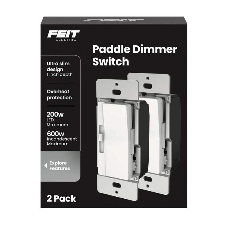 Feit Electric Paddle Dimmer Switch for Dimmable LED Light Bulbs, Single Pole or 3-Way Toggle Light Switch, Wall Plate and Wire Nut Installation Included, DIM/Paddle/2, 2 Pack - Image 1